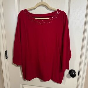 Talbots Red 3/4 Sleeve Top with Embellished Neckline – Classic Dressy Blouse